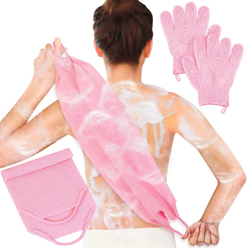 anezus Exfoliating Shower Bath Gloves Back Scrubber Set for Body, Face, Shower, Bath, Scrub and Exfoliator (Pink) - Image 1